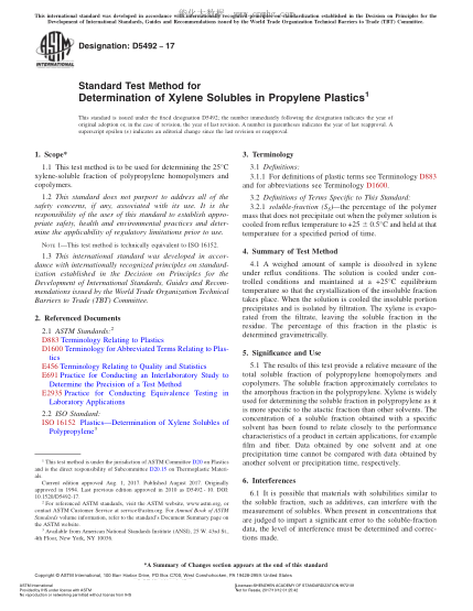 ASTM D5492-2017 測(cè)定丙烯塑料中可溶性二甲苯的試驗(yàn)方法 Standard Test Method for Determination of Xylene Solubles in Propylene Plastics