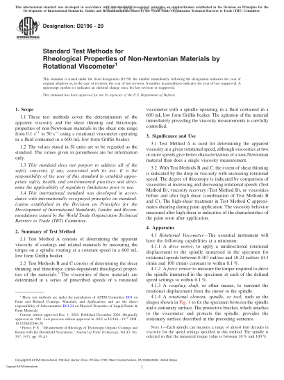 ASTM D2196-2020  Standard Test Methods for Rheological Properties of Non-Newtonian Materials by Rotational Viscometer