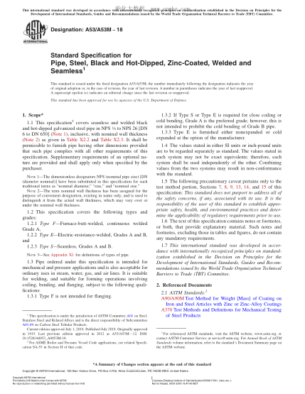 ASTM A53/A53M-2018  Standard Specification for Pipe, Steel, Black and Hot-Dipped, Zinc-Coated, Welded and Seamless