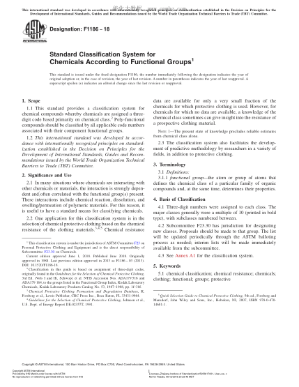 ASTM F1186-2018  Standard Classification System for Chemicals According to Functional Groups