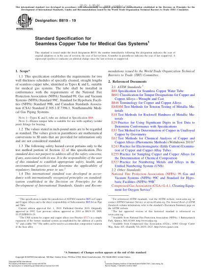 ASTM B819-2019 醫(yī)療氣體裝置用無縫銅管規(guī)格 Standard Specification for Seamless Copper Tube for Medical Gas Systems