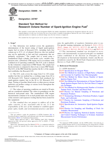ASTM D2699-2018  Standard Test Method for Research Octane Number of Spark-Ignition Engine Fuel