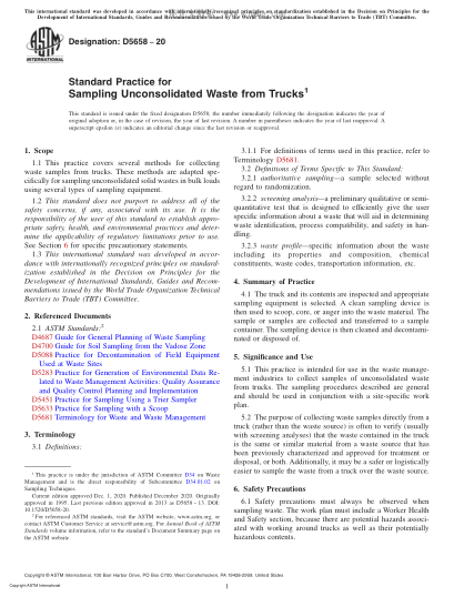 ASTM D5658-2020  Standard Practice for Sampling Unconsolidated Waste from Trucks