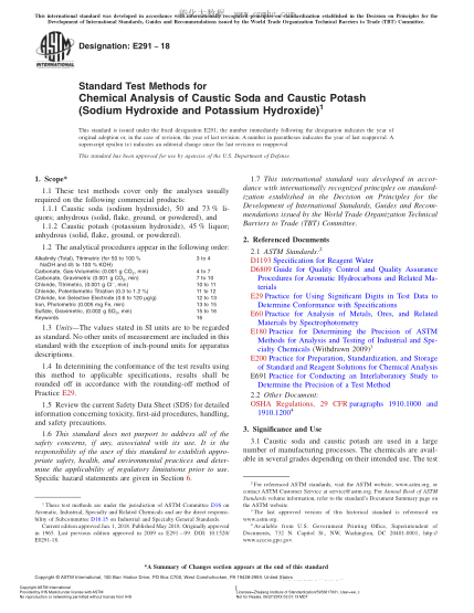 ASTM E291-2018 苛性鈉和苛性鉀（氫氧化鈉和氫氧化鉀）化學(xué)分析試驗(yàn)方法 Standard Test Methods for Chemical Analysis of Caustic Soda and Caustic Potash (Sodium Hydroxide and Potassium Hydroxide)