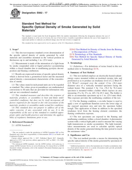 ASTM E662-2017 固體材料產(chǎn)生的煙霧的比光密度試驗方法 Standard Test Method for Specific Optical Density of Smoke Generated by Solid Materials
