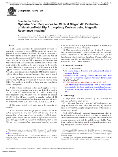 ASTM F2978-2020  Standards Guide to Optimize Scan Sequences for Clinical Diagnostic Evaluation of Metal-on-Metal Hip Arthroplasty Devices using Magnetic Resonance Imaging