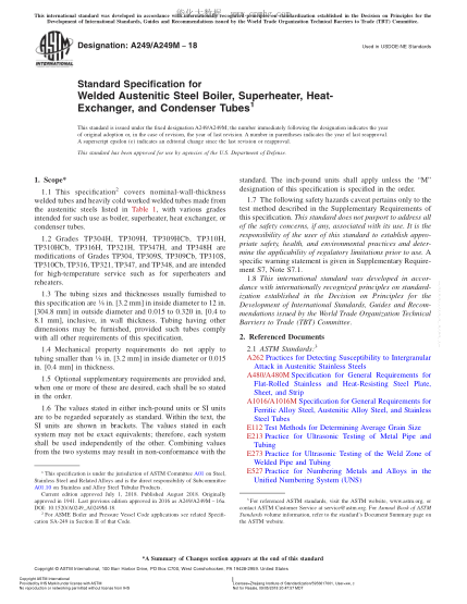 ASTM A249/A249M-2018  Standard Specification for Welded Austenitic Steel Boiler, Superheater, Heat-Exchanger, and Condenser Tubes