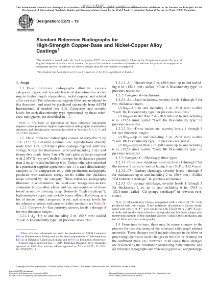 ASTM E272-2019 高強(qiáng)度銅基和鎳銅合金鑄件參考射線照片 Standard Reference Radiographs for High-Strength Copper-Base and Nickel-Copper Alloy Castings