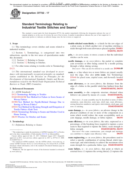 ASTM D7722-2017 有關(guān)工業(yè)紡織縫線和接縫的術(shù)語 Standard Terminology Relating to Industrial Textile Stitches and Seams