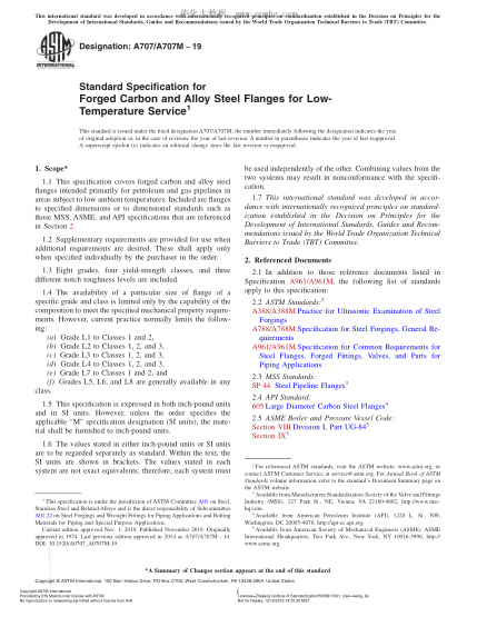 ASTM A707/A707M-2019  Standard Specification for Forged Carbon and Alloy Steel Flanges for Low-Temperature Service