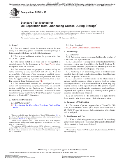 ASTM D1742-2018 潤(rùn)滑脂儲(chǔ)藏析出油試驗(yàn)方法 Standard Test Method for Oil Separation from Lubricating Grease During Storage