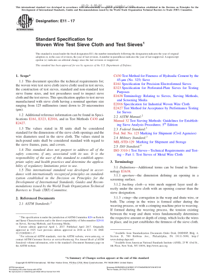 ASTM E11-2017 金屬絲試驗(yàn)篩布和試驗(yàn)篩規(guī)格 Standard Specification for Woven Wire Test Sieve Cloth and Test Sieves