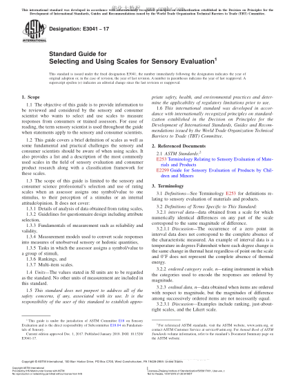 ASTM E3041-2017 感官評(píng)定級(jí)別選擇與使用指南 Standard Guide for Selecting and Using Scales for Sensory Evaluation