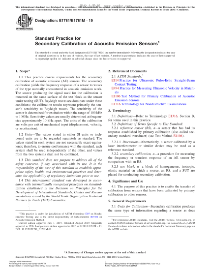 ASTM E1781/E1781M-2019 聲發(fā)射傳感器二級(jí)校準(zhǔn)規(guī)程 Standard Practice for Secondary Calibration of Acoustic Emission Sensors