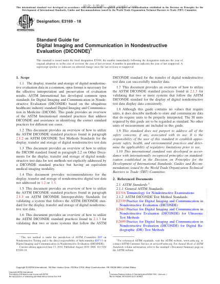ASTM E3169-2018  Standard Guide for Digital Imaging and Communication in Nondestructive Evaluation (DICONDE)