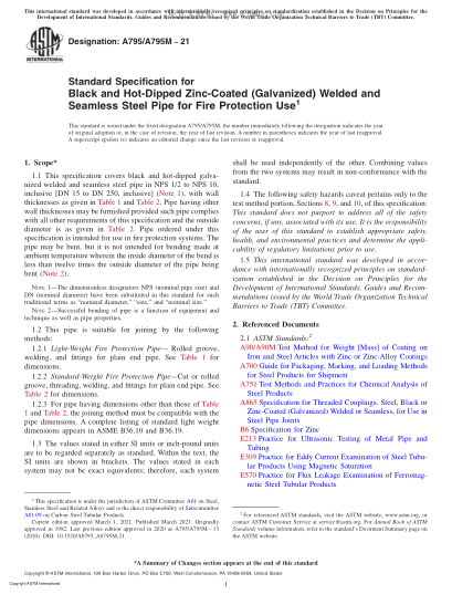 ASTM A795/A795M-2021  Standard Specification for Black and Hot-Dipped Zinc-Coated (Galvanized) Welded and Seamless Steel Pipe for Fire Protection Use