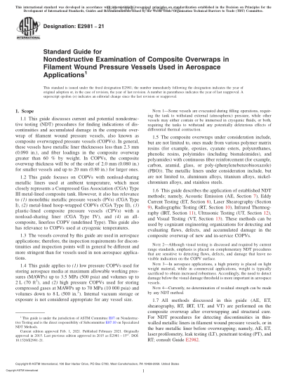 ASTM E2981-2021  Standard Guide for Nondestructive Examination of Composite Overwraps in Filament Wound Pressure Vessels Used in Aerospace Applications