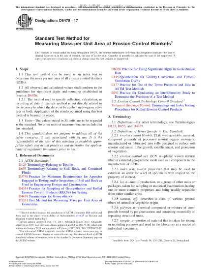 ASTM D6475-2017 沖刷防護墊單位面積質(zhì)量測量方法 Standard Test Method for Measuring Mass per Unit Area of Erosion Control Blankets