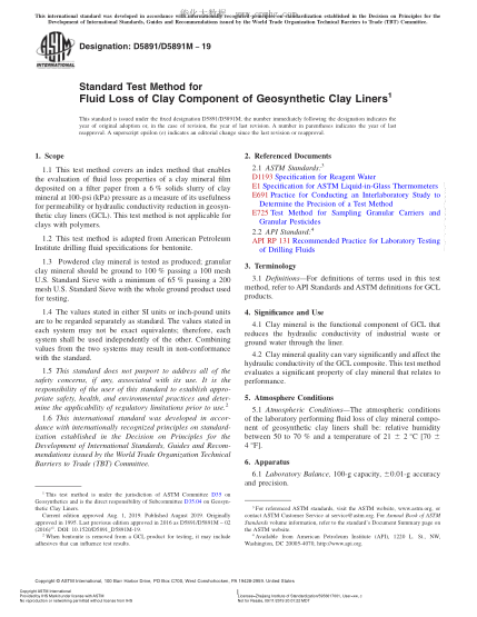 ASTM D5891/D5891M-2019  Standard Test Method for Fluid Loss of Clay Component of Geosynthetic Clay Liners