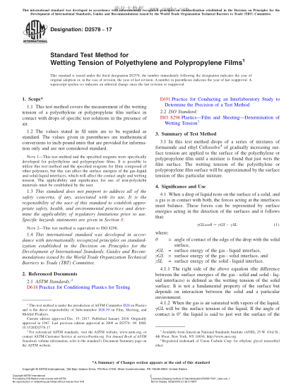 ASTM D2578-2017 聚乙烯和聚丙烯薄膜潤(rùn)濕張力試驗(yàn)方法 Standard Test Method for Wetting Tension of Polyethylene and Polypropylene Films