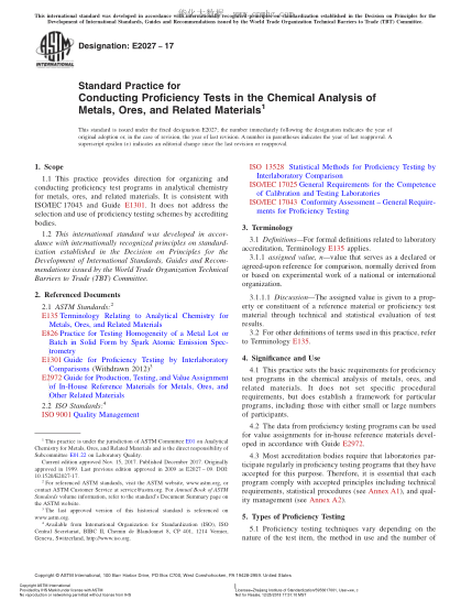 ASTM E2027-2017 金屬、礦石和相關(guān)材料化學(xué)分析能力測(cè)驗(yàn)實(shí)施規(guī)程 Standard Practice for Conducting Proficiency Tests in the Chemical Analysis of Metals,Ores,and Related Materials