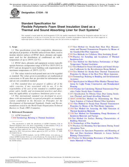 ASTM C1534-2018 用作導管系統(tǒng)吸熱吸聲墊的軟質(zhì)聚合物泡沫塑料片絕緣材料的規(guī)格 Standard Specification for Flexible Polymeric Foam Sheet Insulation Used as a Thermal and Sound Absorbing Liner for Duct Systems