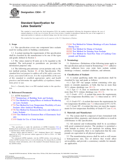 ASTM C834-2017 乳膠密封劑規(guī)格 Standard Specification for Latex Sealants