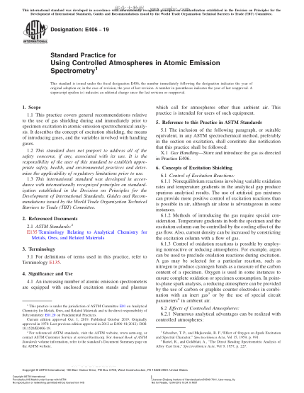ASTM E406-2019  Standard Practice for Using Controlled Atmospheres in Atomic Emission Spectrometry