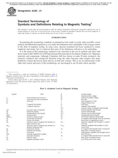 ASTM A340-2021  Standard Terminology of Symbols and Definitions Relating to Magnetic Testing