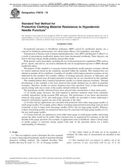 ASTM F2878-2019 防護服材料耐皮下注射器針頭剌破性試驗方法 Standard Test Method for Protective Clothing Material Resistance to Hypodermic Needle Puncture