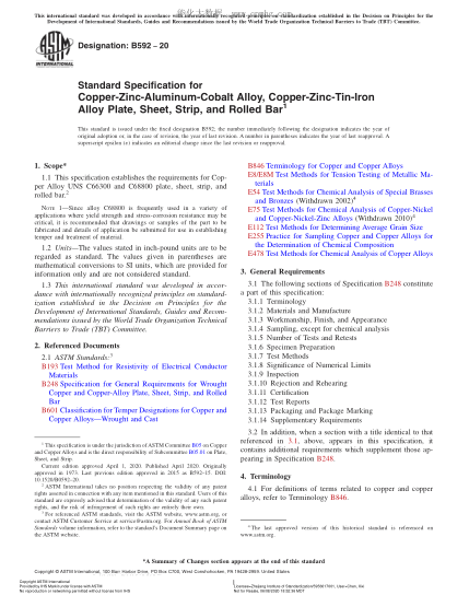 ASTM B592-2020  Standard Specification for Copper-Zinc-Aluminum-Cobalt Alloy, Copper-Zinc-Tin-Iron Alloy Plate, Sheet, Strip, and Rolled Bar