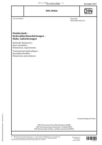 DIN 20066-2017  Hydraulic fluid power - Hose assemblies - Dimensions, requirements