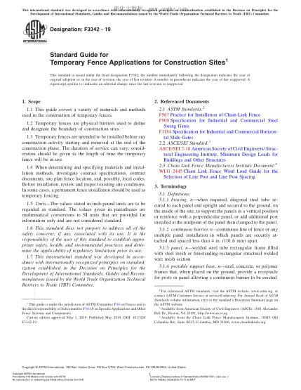 ASTM F3342-2019 建筑工地臨時(shí)圍欄應(yīng)用指南 Standard Guide for Temporary Fence Applications for Construction Sites