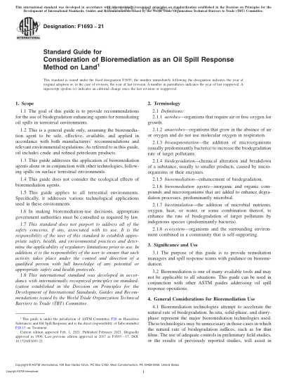 ASTM F1693-2021  Standard Guide for Consideration of Bioremediation as an Oil Spill Response Method on Land
