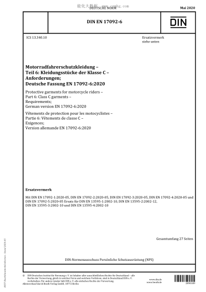 DIN EN 17092-6-2020  Protective garments for motorcycle riders - Part 6: Class C garments - Requirements; German version EN 17092-6:2020