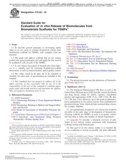 ASTM F3142-2016 來自生物材料支架的生物分子體外釋放評定指南 Standard Guide for Evaluation of in vitro Release of  Biomolecules from Biomaterials Scaffolds for TEMPs