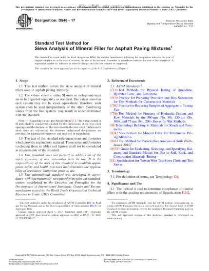 ASTM D546-2017 瀝青鋪路混合物用礦物填料篩分的試驗(yàn)方法 Standard Test Method for Sieve Analysis of Mineral Filler for Asphalt Paving Mixtures