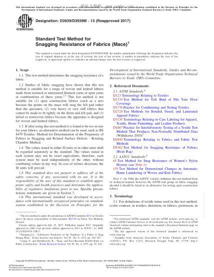 ASTM D3939/D3939M-2013(2017) 織物抗鉤絲性能試驗(yàn)方法(釘頭) Standard Test Method for Snagging Resistance of Fabrics (Mace)