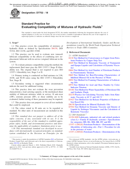 ASTM D7752-2018 液壓液混合物相容性評(píng)定規(guī)程 Standard Practice for Evaluating Compatibility of Mixtures of Hydraulic Fluids