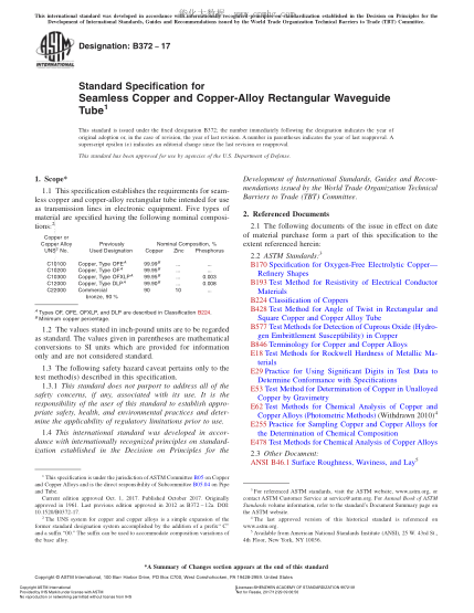 ASTM B372-2017 銅及銅合金矩形波導(dǎo)無縫管規(guī)格 Standard Specification for Seamless Copper and Copper-Alloy Rectangular Waveguide Tube