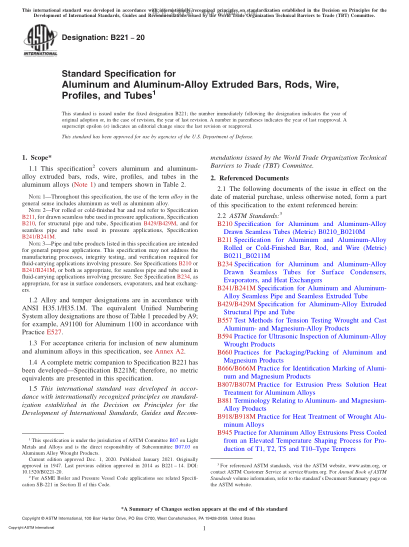 ASTM B221-2020  Standard Specification for Aluminum and Aluminum-Alloy Extruded Bars, Rods, Wire, Profiles, and Tubes