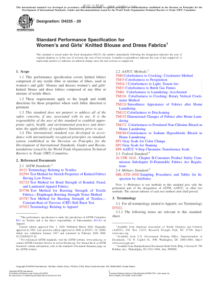 ASTM D4235-2020  Standard Performance Specification for Women's and Girls' Knitted Blouse and Dress Fabrics