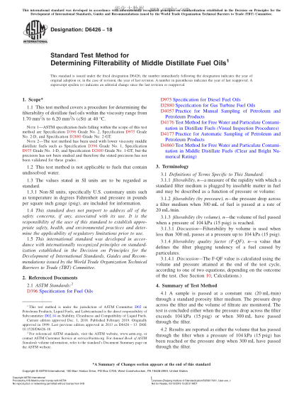 ASTM D6426-2018 中間餾份燃料油過濾性測定方法 Standard Test Method for Determining Filterability of Middle Distillate Fuel Oils