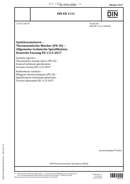 DIN EN 1111-2017  Sanitary tapware - Thermostatic mixing valves (PN 10) - General technical specification; German version EN 1111:2017