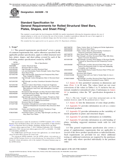 ASTM A6/A6M-2019 軋制結(jié)構(gòu)鋼棒材、中厚板、型材和打板樁一般要求規(guī)格 Standard Specification for General Requirements for Rolled Structural Steel Bars, Plates, Shapes, and Sheet Piling