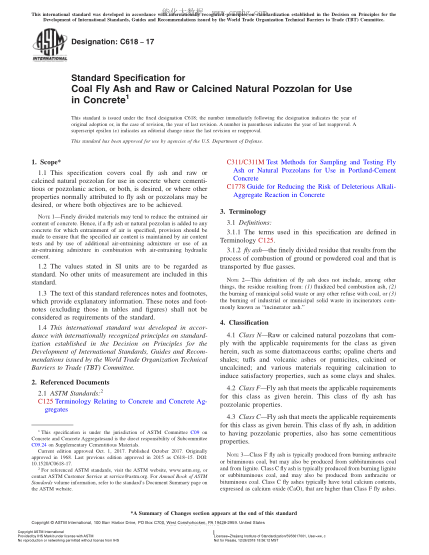 ASTM C618-2017 混凝土用煤飛灰和未經(jīng)處理的或經(jīng)煅燒的天然火山灰的規(guī)格 Standard Specification for Coal Fly Ash and Raw or Calcined Natural Pozzolan for Use in Concrete