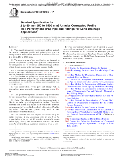 ASTM F2648/F2648M-2017 地面排水設(shè)施用2至60英寸（50至1500mm ）環(huán)狀波紋剖面管壁聚氯乙烯管及管件規(guī)格 Standard Specification for 2 to 60 inch [50 to 1500 mm] Annular Corrugated Profile Wall Polyethylene (PE) Pipe and Fittings for Land Drainage Applications