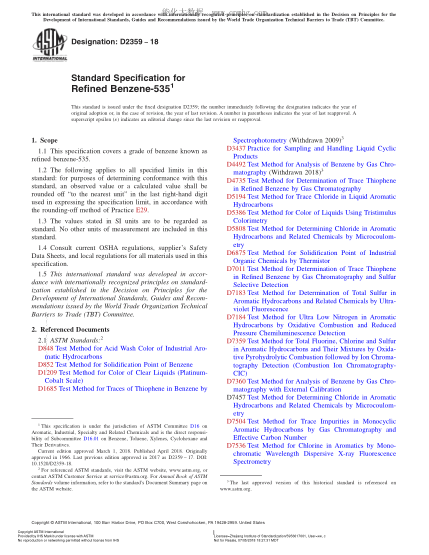 ASTM D2359-2018 精制苯-535規(guī)格 Standard Specification for Refined Benzene-535