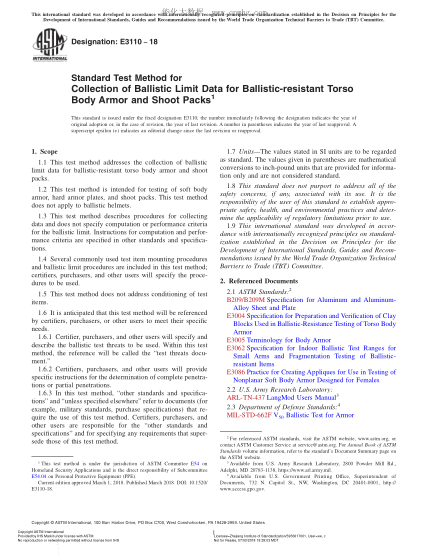 ASTM E3110-2018 防彈衣和試驗(yàn)品彈道極限數(shù)據(jù)采集方法 Standard Test Method for Collection of Ballistic Limit Data for Ballistic-resistant Torso Body Armor and Shoot Packs