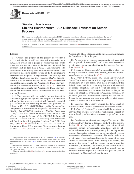 ASTM E1528-2014e1 有限的環(huán)境盡職調查規(guī)程：事務鑒別過程 Standard Practice for  Limited Environmental Due Diligence: Transaction Screen Process
